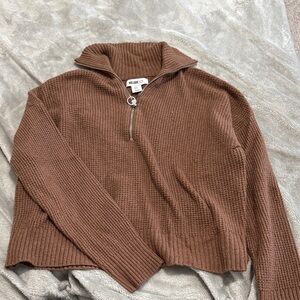 William Rast Brown Waffle-Knit Half-Zip Funnel Neck Sweater